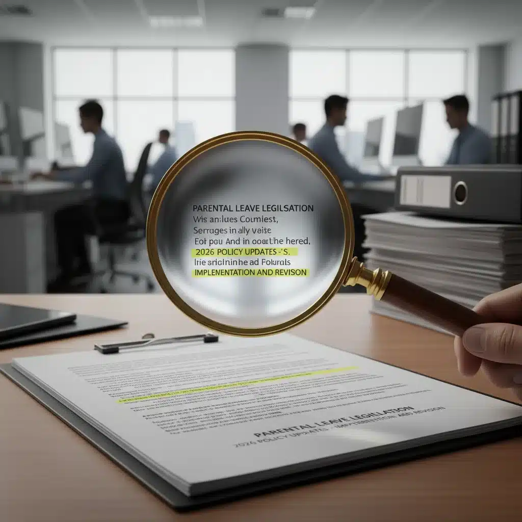 Magnifying glass over legal document, highlighting parental leave legislation for 2026.