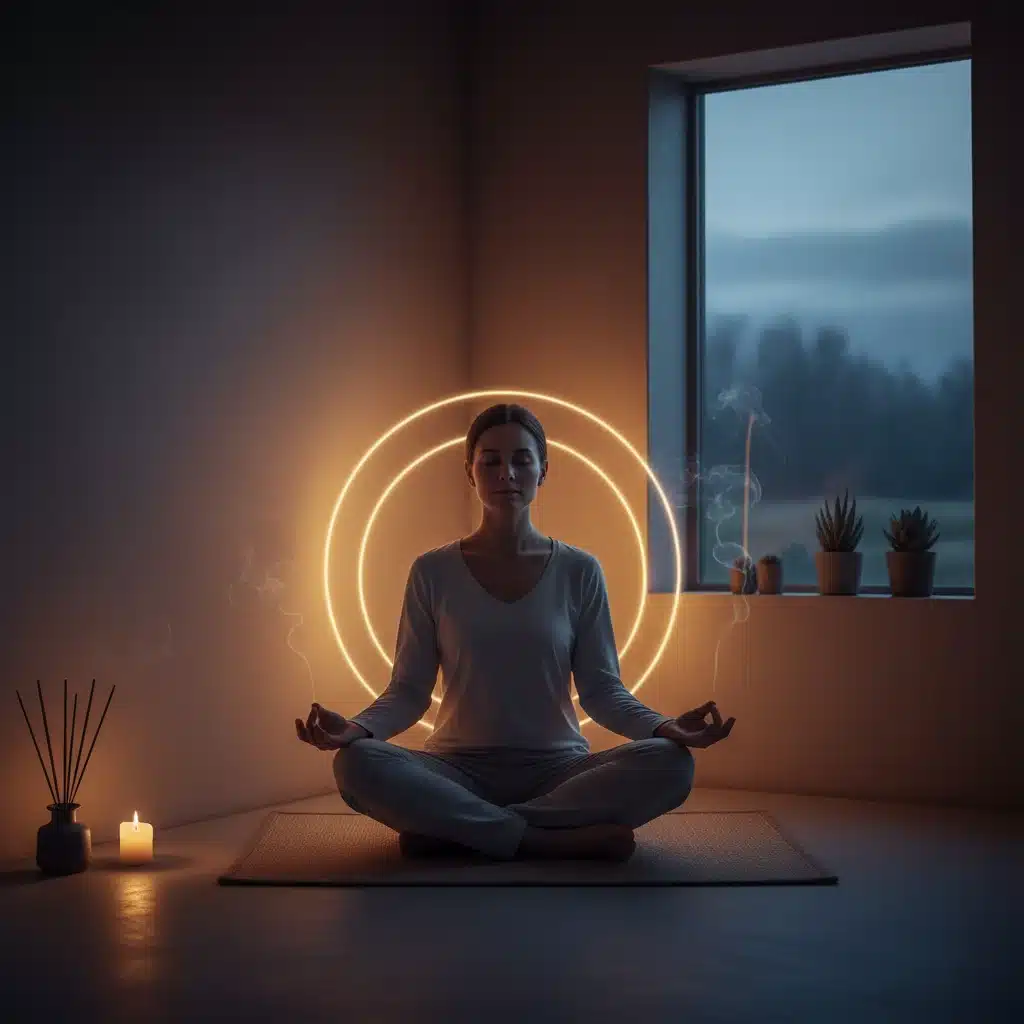 Person meditating to reduce stress and improve sleep, in a calm, dimly lit environment.