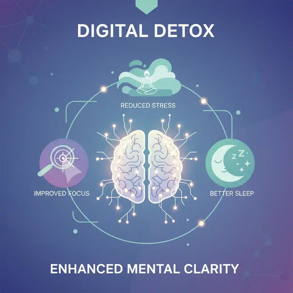 Infographic illustrating enhanced mental clarity, focus, and reduced stress from digital detox.