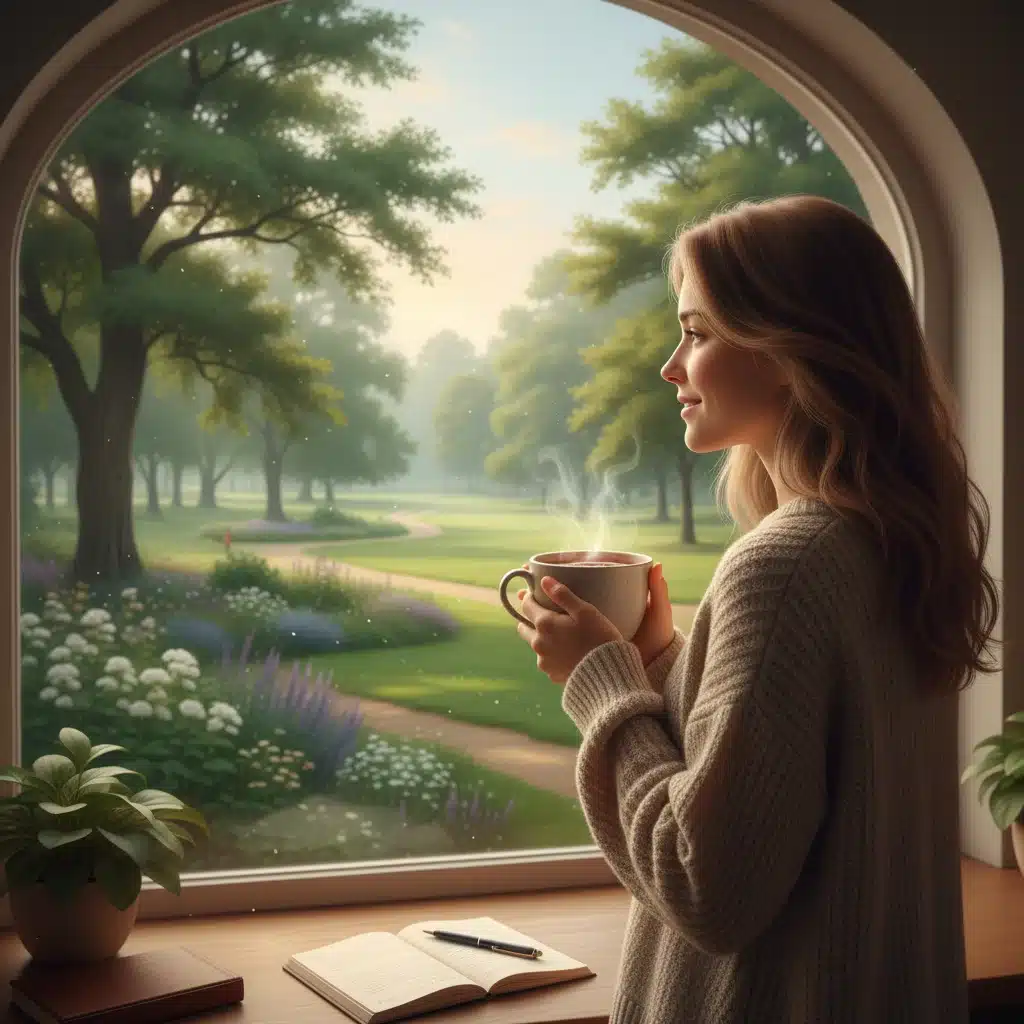 Individual enjoying a quiet moment looking out a window with a warm drink, during a mental reset micro-break.