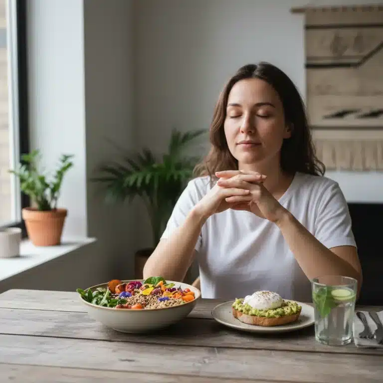 Person practicing mindful eating, contemplating a healthy meal before eating