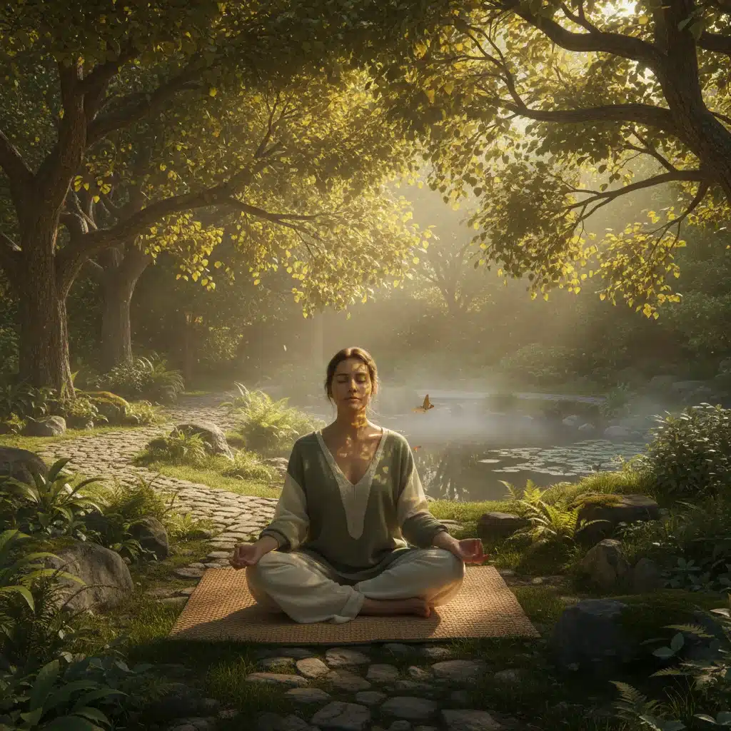 Individual practicing mindfulness and self-care in a peaceful natural environment