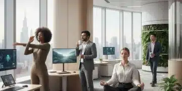 Professionals taking micro-breaks in a modern 2026 office, stretching and meditating for productivity.