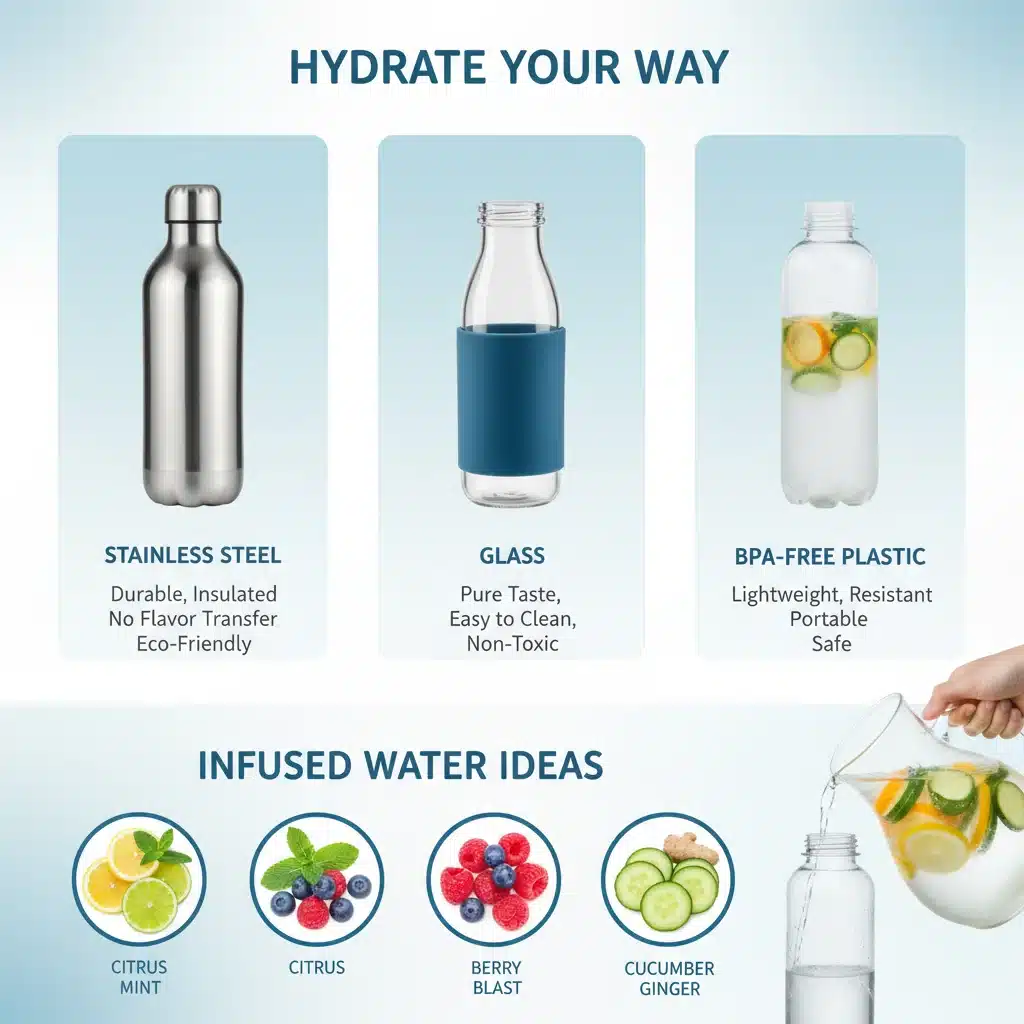 Infographic displaying various water bottle types and infused water ingredients