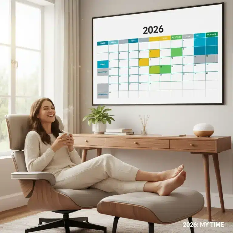 Organized 2026 calendar with reclaimed personal time blocks and a relaxed person.