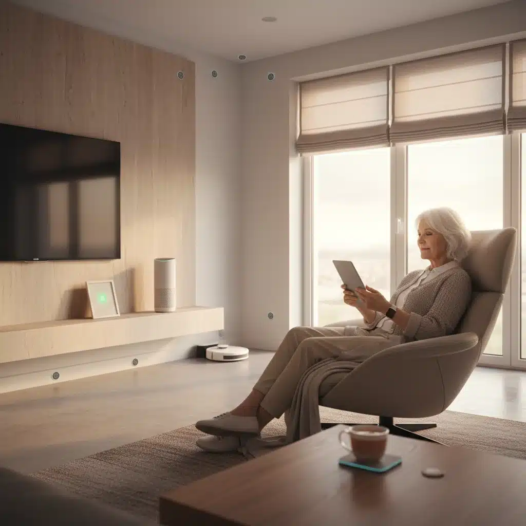 Smart home living room with AI assistant for elderly support