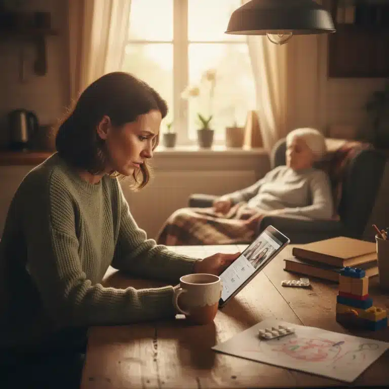 Thoughtful caregiver balancing digital tasks and family responsibilities