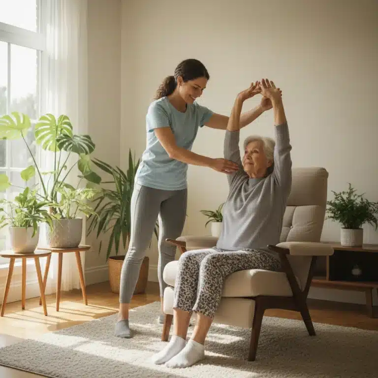 Caregiver assisting an elderly person with gentle stretching exercises at home, promoting active lifestyle.