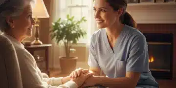 Caregiver holding elderly hand, symbolizing gratitude and support in a warm home environment.