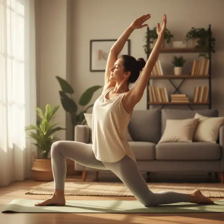 Serene caregiver stretching mindfully in sunlit room
