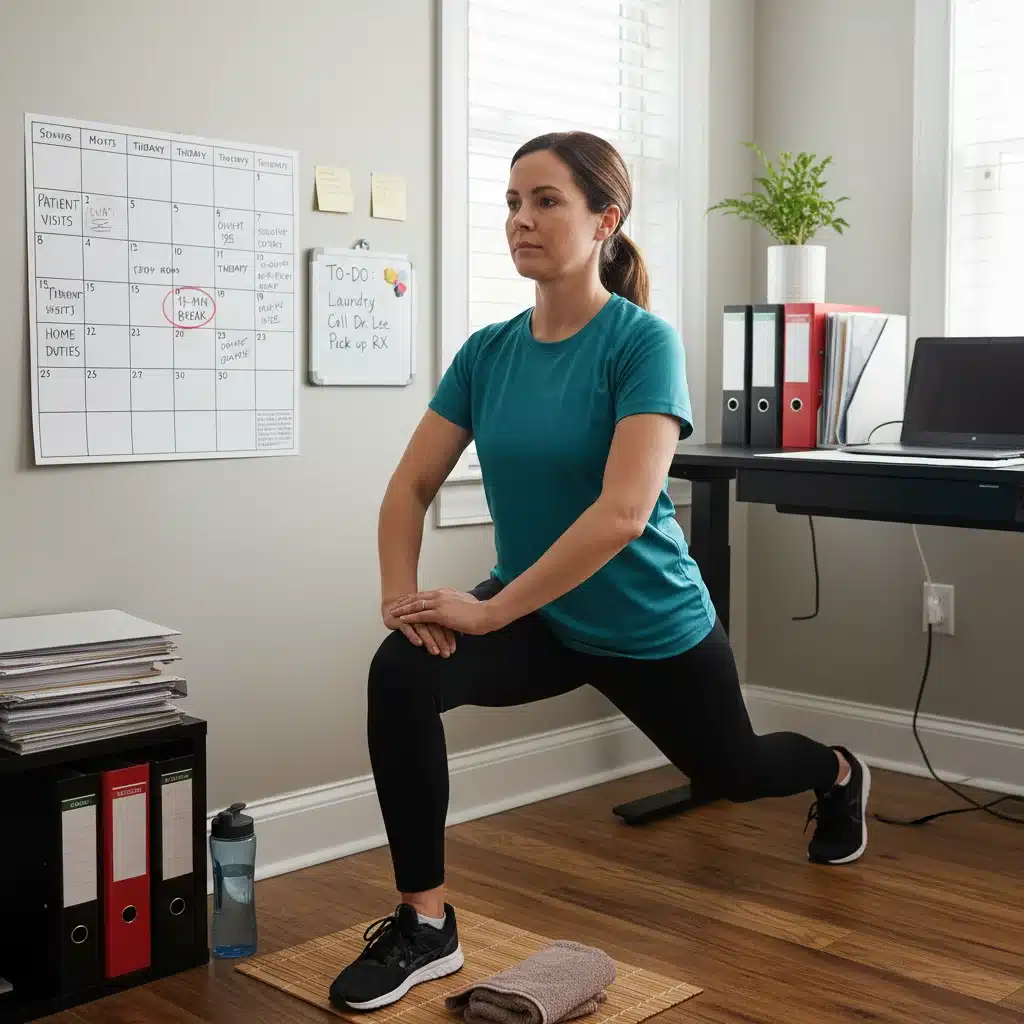 Busy caregiver doing quick exercises during a break in a home office setting.