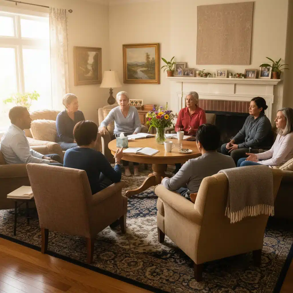 Caregivers in a support group sharing experiences and offering mutual emotional support.