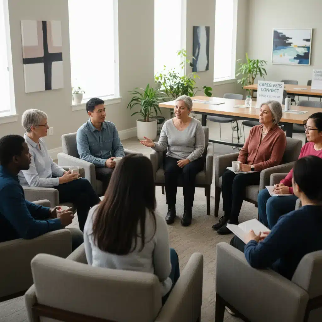 Diverse group of caregivers participating in a support group, discussing federal respite care benefits.
