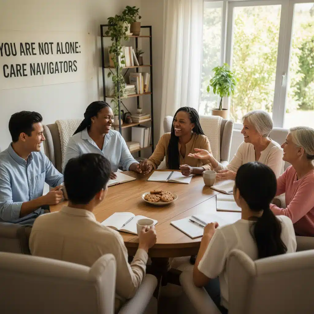 Diverse caregivers in a smiling support group, fostering community and shared encouragement.