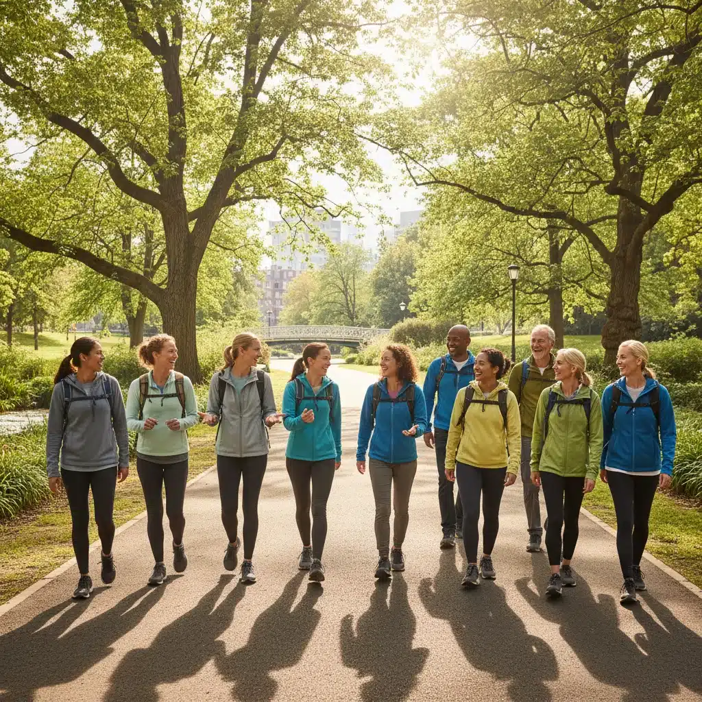 Diverse group of caregivers enjoying a brisk walk together in a community park.