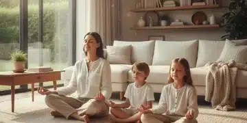 Family practicing mindfulness together, serene home environment