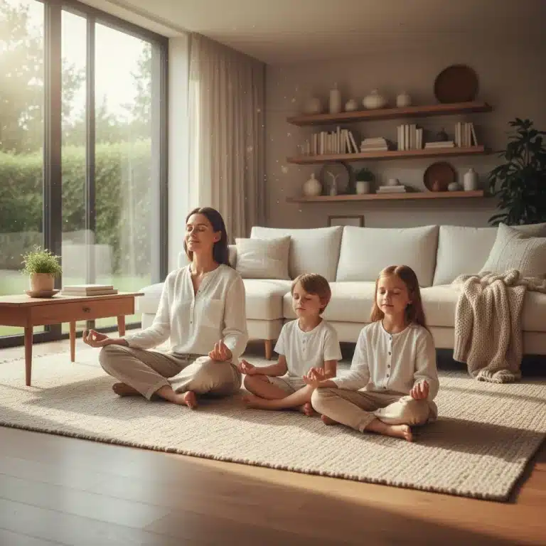 Family practicing mindfulness together, serene home environment