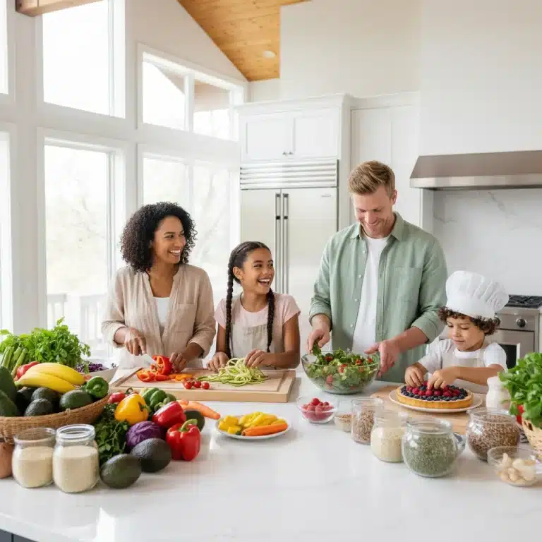 Family preparing plant-based meal with fresh ingredients