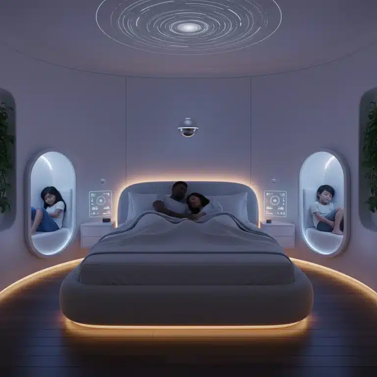 Family sleeping soundly with advanced sleep technology in a modern bedroom.