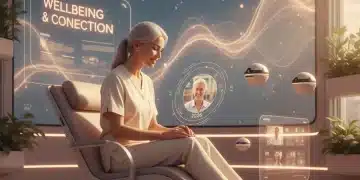 Futuristic caregiver assisting an elder with smart technology
