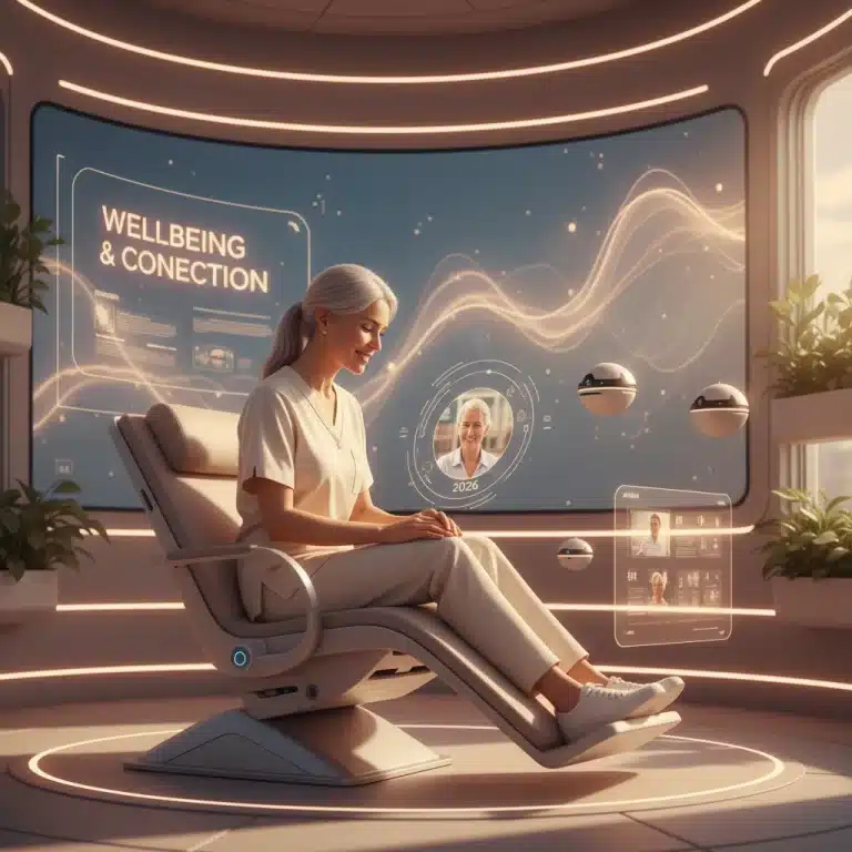 Futuristic caregiver assisting an elder with smart technology