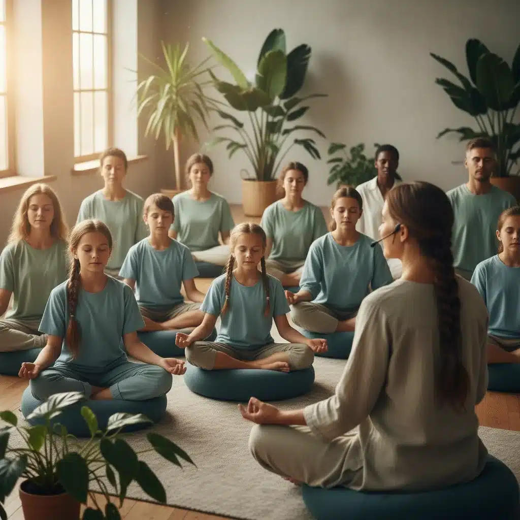 Diverse group practicing guided meditation, calm atmosphere