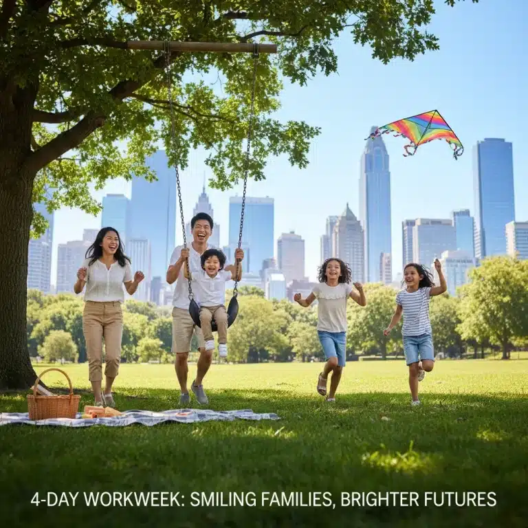 Happy family enjoying leisure time outdoors, illustrating the benefits of a 4-day workweek on family well-being.