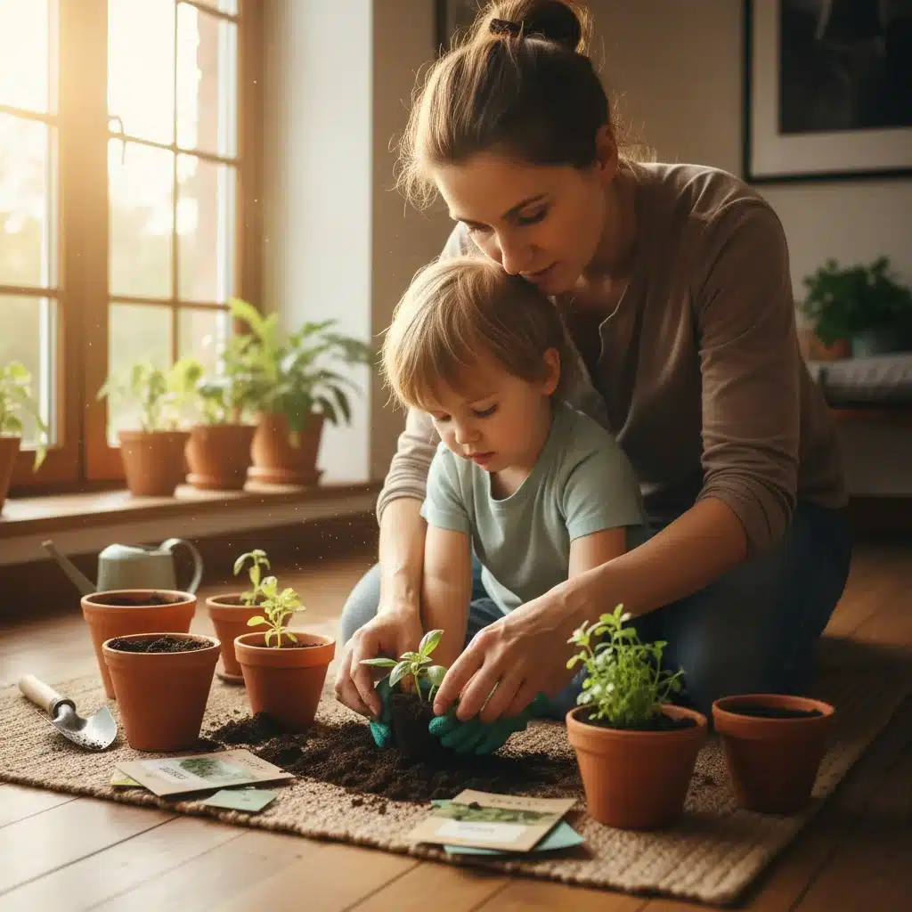 Parent and child mindfully gardening, shared activity