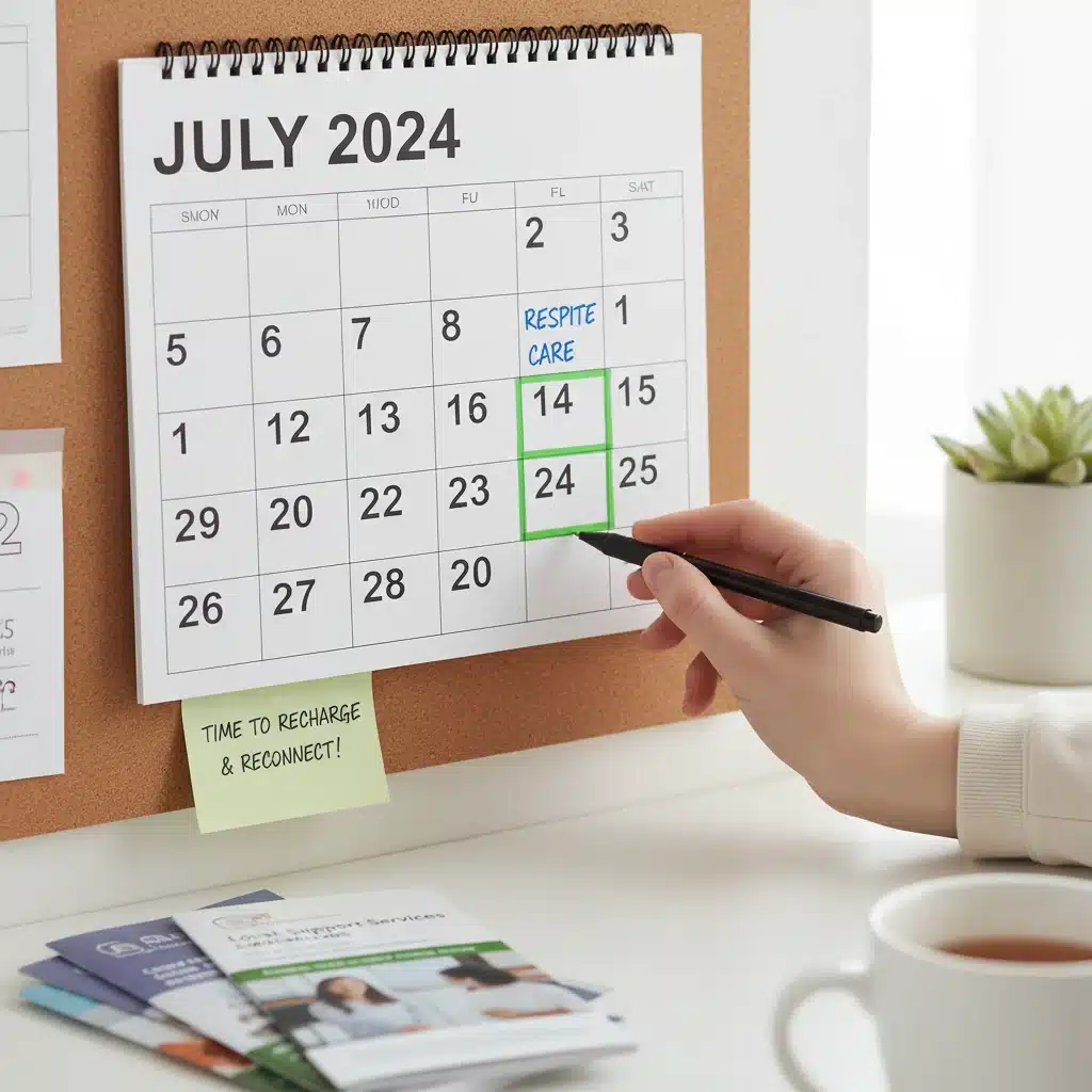 Calendar showing scheduled respite care hours, emphasizing the 100-hour federal program.