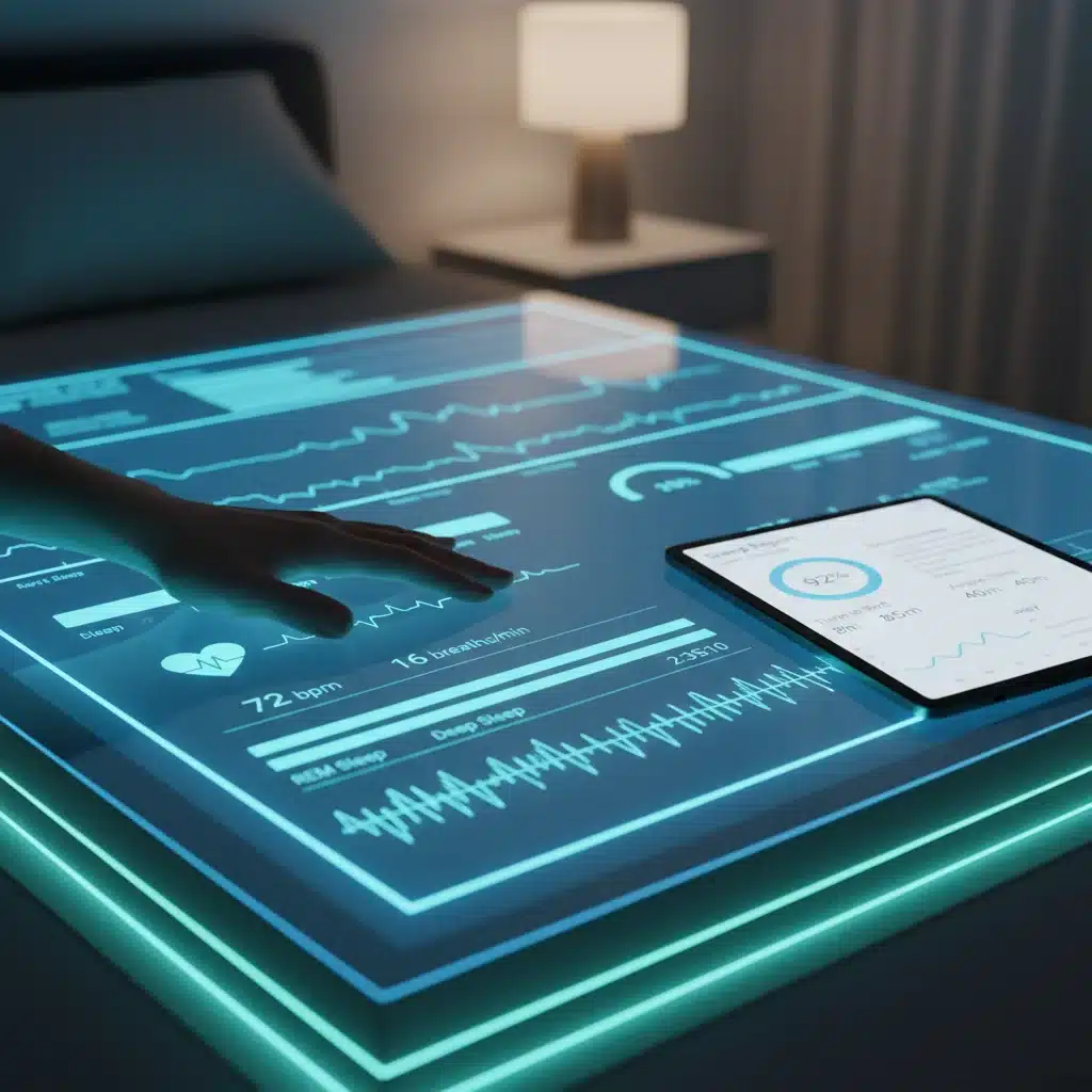 Transparent smart mattress displaying biometric sleep data.