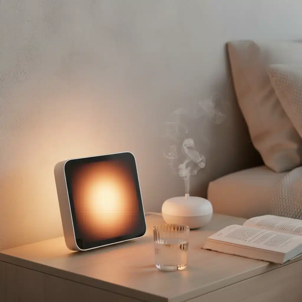 Smart alarm clock simulating sunrise and aroma diffuser for gentle waking.