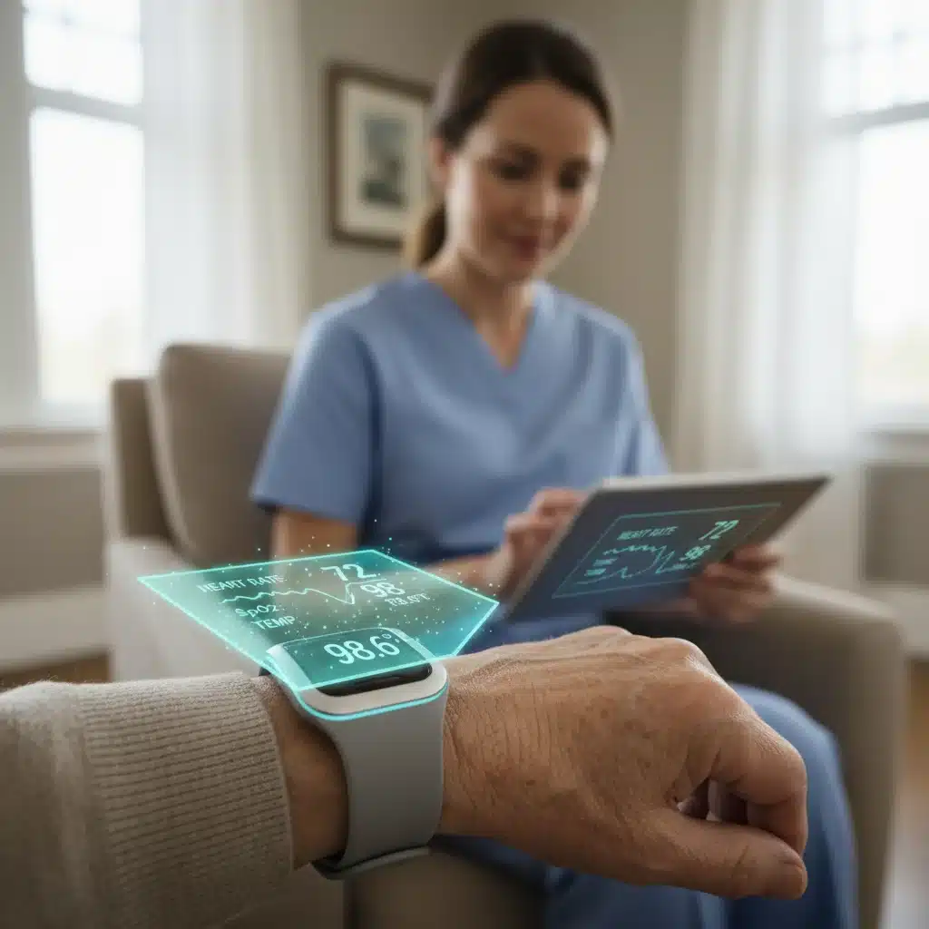 Elderly person wearing a smart health monitor, data viewable on tablet